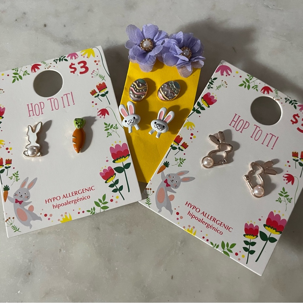 Girls Easter Earrings! Two new pair & three gently worn pairs- bunny & eggs